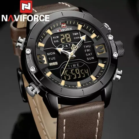 NaviForce NF9153 Double Time MultiFunction Watch with Leather Strap – Black/Brown
