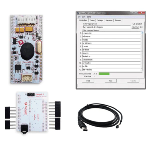 Audio IC Development Tools Includes EasyVR 3 Module, Arduino Shield adapter, QuickUSB cable, and Sensory QT2SI Lite License.