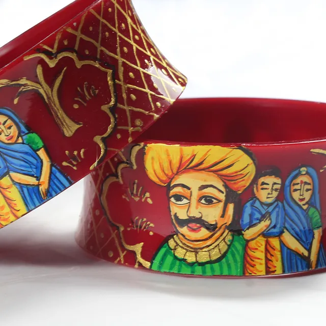 Village folklore Panchathanthra stories inspired human figurines hand painted look fun and eclectic concave feel hand cuff style bangles pair