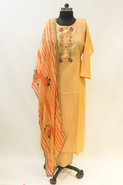 Peach Chanderi Embroidered Suit Set