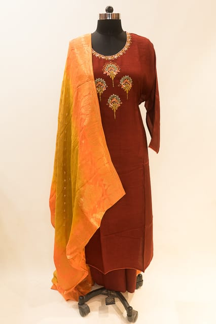 Maroon Monga Silk Hand-embroidered Suit Set
