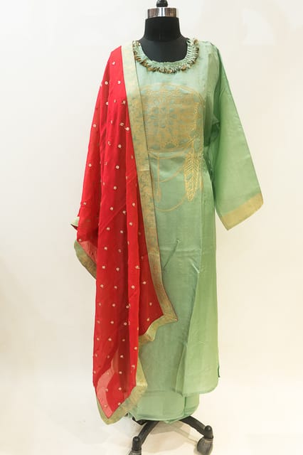 Mint Green Banarasi Boota Monga Silk Suit Set