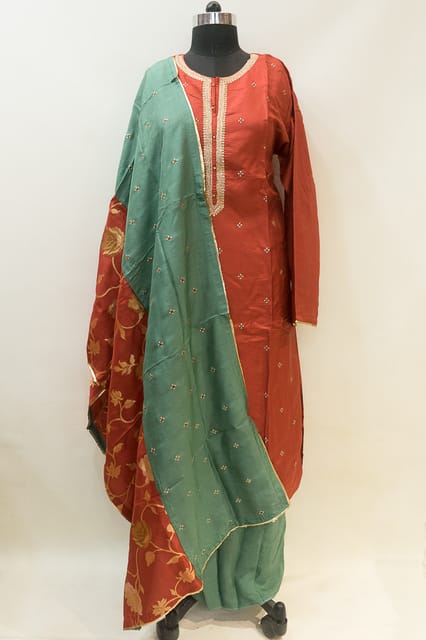 Rust Monga Silk Suit Set with Banarasi Dupatta