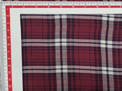 Crimson Red and White Black Harringbone Viscose Check Fabric