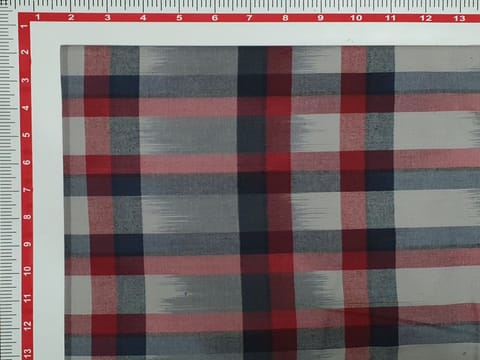 Cadet Grey and Red Messy Ikkat Yarn Dyed Fabric