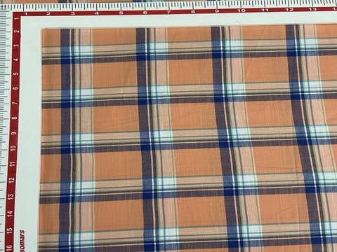 Apricot and Blue White Yarn Dyed Twill Check Fabric