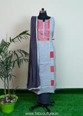 Cotton Stripes Cotton Suit with hand-embroidered neckline With Pure Chiffon dupatta and Cotton Bottom