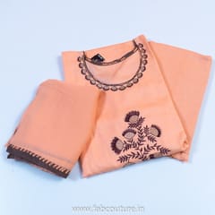 Peach Cotton Flex Embroidered Suit With Cotton Bottom And Chiffon Dupatta