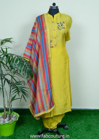 Mustard Color Monga Silk Embroidered Suit With Shantoon Bottom And Muslin Dupatta