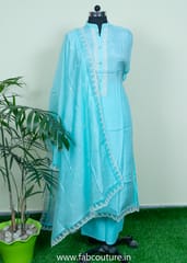 Firozi Muslin Embroidered Suit With Cotton Bottom And Muslin Dupatta