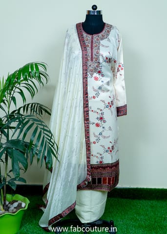 Cream Satin Embroidered Suit With Cotton Bottom And Chiffon Embroidered Dupatta
