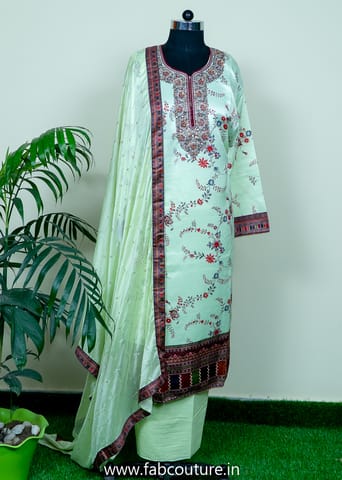 Green Satin Embroidered Suit With Cotton Bottom And Chiffon Embroidered Dupatta