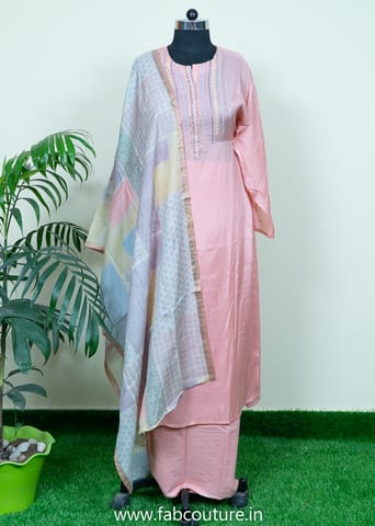 Onion Pink Muslin Embroidered Suit With Cotton Bottom And Muslin Printed Dupatta