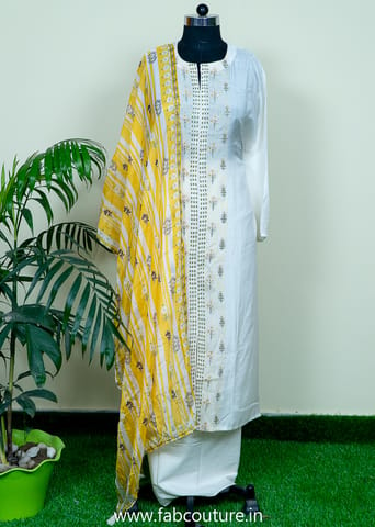Cream Muslin Embroidered Suit With Cotton Bottom And Printed Tabby Silk Dupatta