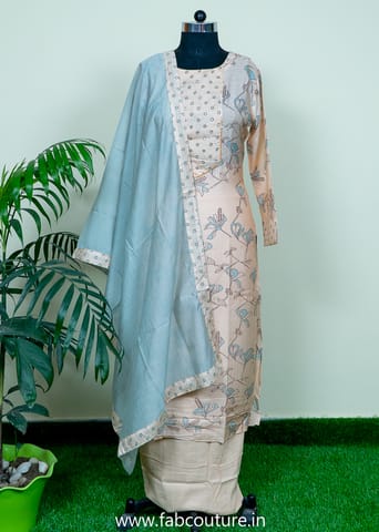 Peach Muslin Printed Suit With Cotton Bottom And Chanderi Dupatta