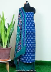 Blue Color Cotton Printed Suit With Cotton Bottom And Printed Chiffon Dupatta