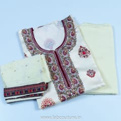 Cream Color Satin Printed Suit With Cotton Bottom And Printed Chiffon Dupatta