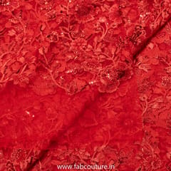 Red Color Net Sequins Embroidery