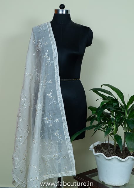 White Dyeable Chanderi Embroidered Dupatta