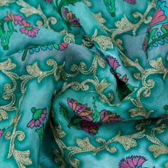 Sea Green Color Chinon Chiffon Print With Embroidery (1.5 Meter Cut Piece )
