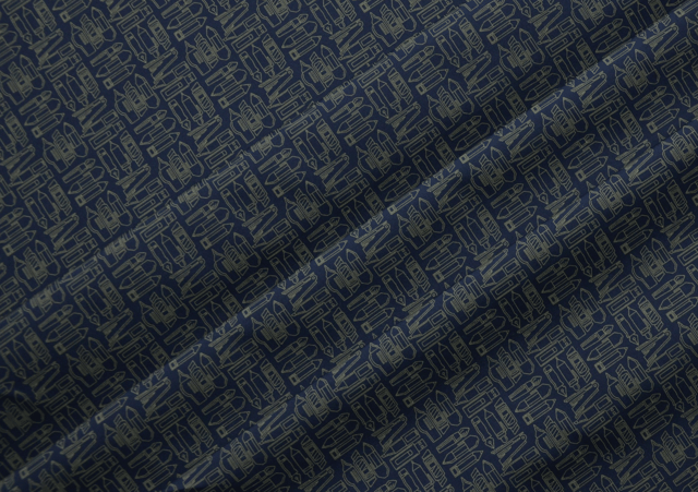 Olive Green Stationery Print On Oxford Blue Imported Printed Cotton