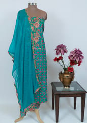 Firozi Color Cotton Hand Work Embroidery Suit With Chiffon Dupatta And Printed Cotton Bottom