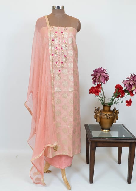 Pink Color Chanderi Embroidered Suit With Chiffon Dupatta And Shantoon Bottom