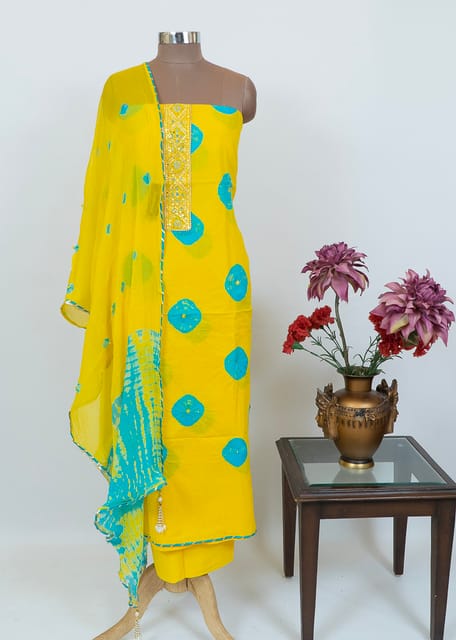 Cotton Print With Embroidered Suit With Printed Chiffon Dupatta And Cotton Bottom