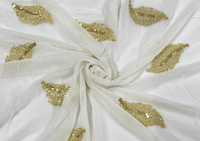 White Golden Leaves Embroidered Dyeable Georgette