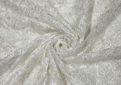 White Geometric Embroidered Dyeable Georgette Fabric