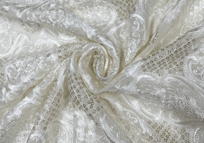 White Abstract Embroidered Dyeable Georgette Fabric