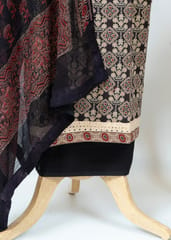 Black Cotton Ajrakh Printed Suit With Printed Chiffon Dupatta And Cotton Bottom