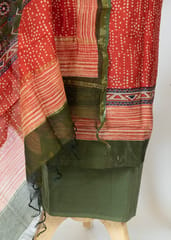 Red Chanderi Printed Suit With Printed Chanderi Dupatta And Green Cotton Bottom
