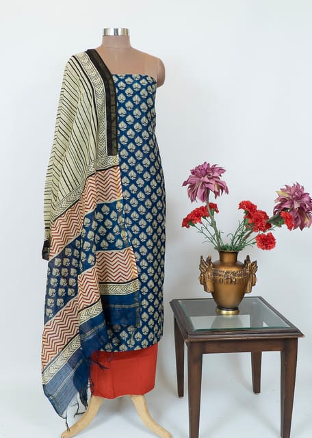 Blue Chanderi Printed Suit With Printed Chanderi Dupatta And Cotton Bottom