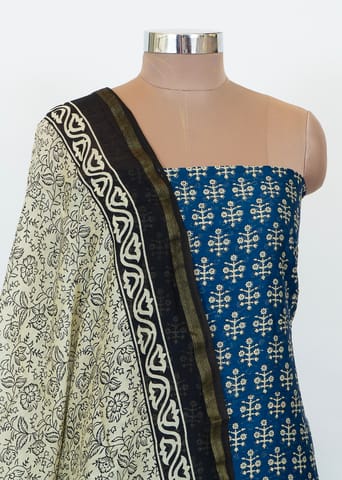 Blue Chanderi Printed Suit With Printed Chanderi Dupatta And Cotton Bottom