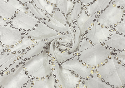 White Geometric Flower Embroidered Dyeable Georgette