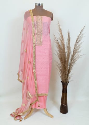 Pink Color Chanderi Hand Embroidered Suit Set
