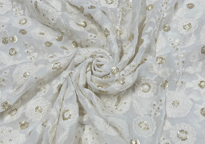 White Flowers Embroidered Dyeable Georgette