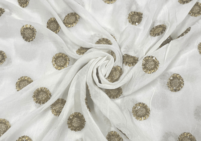 White Golden Flowers Embroidered Dyeable Georgette
