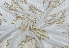 White Golden Leaves Dyeable Embroidered Chiffon