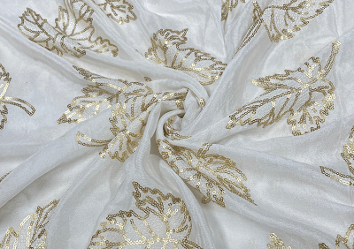 White Golden Leaves Dyeable Embroidered Chiffon