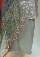Grey Color Muslin Printed Kurta With Cotton Bottom And Printed Chiffon Dupatta