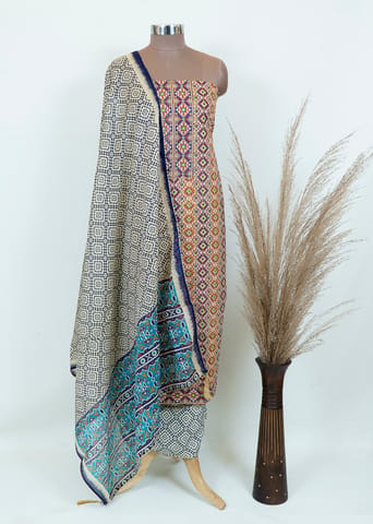 Blue Geometric Print Shirt With Cotton Bottom And Cotton Duppata