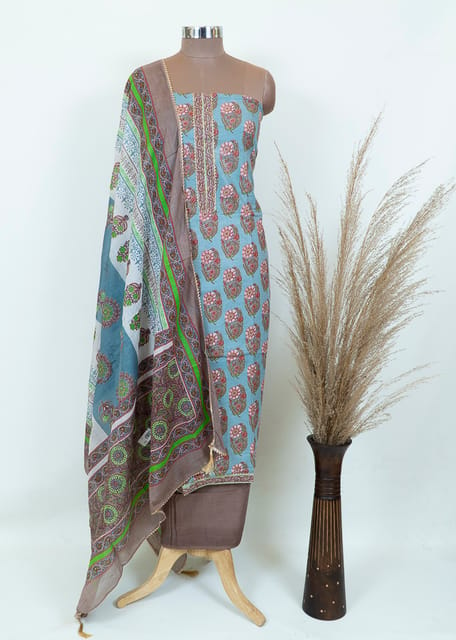 Beige Color Print Shirt With Grey Cotton Bottom And Cotton Duppata