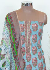 Beige Color Print Shirt With Grey Cotton Bottom And Cotton Duppata
