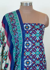 Blue Cotton Patola Printed Suit Set With Printed Cotton Dupatta And Green Cotton Bottom