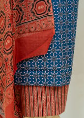 Blue Color Cotton Ajrakh Print Shirt With Cotton Bottom And Cotton Printed Dupatta