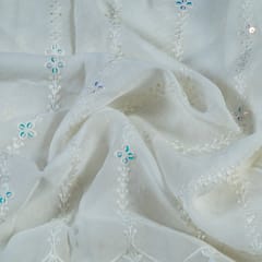 Dyeable Georgette White Thread and Mirror Embroidery Big Width