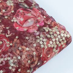 Red Color Printed Organza with Embroidery
