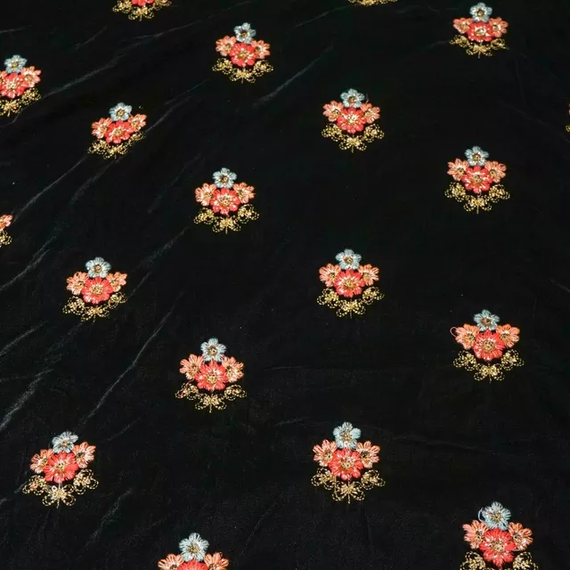 Black Velvet Embroidery Booti (1.60mtr Cut Piece)